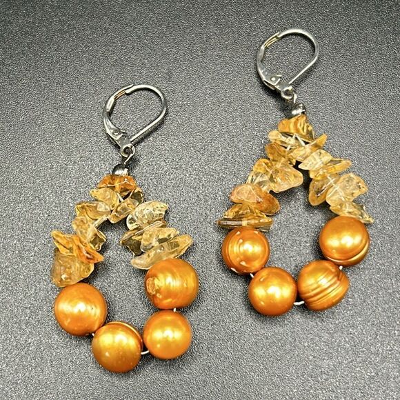 BOGO Free Jewelry...VTG Citrine Dyed Freshwater Pearl Lever Back Earrings - Picture 2 of 5